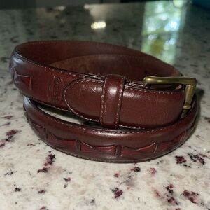 Fossil Genuine Leather Brown Belt 32” Braided Woven Bow Tie Embossed Solid Brass